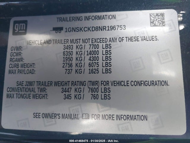1GNSKCKD8NR196753 Chevrolet l84 - di, dfm, alum, gen 5, var 2