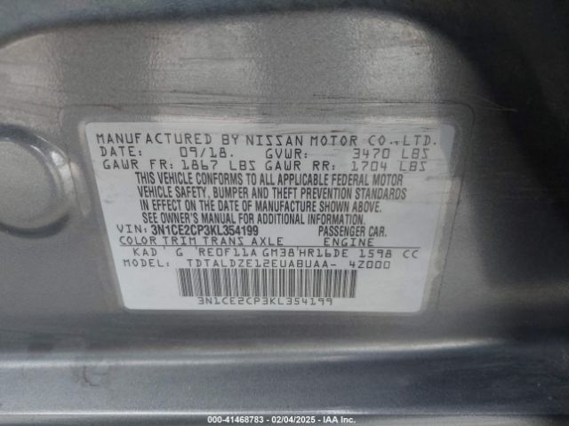 3N1CE2CP3KL354199 Nissan Versa Note Sv