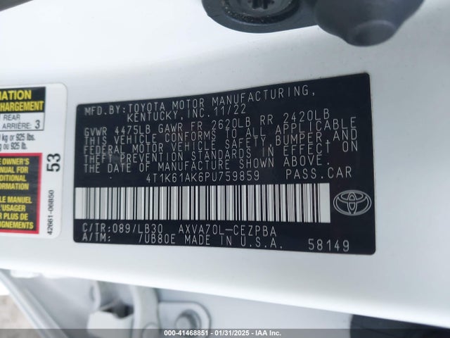 4T1K61AK6PU759859 Toyota CAMRY XSE