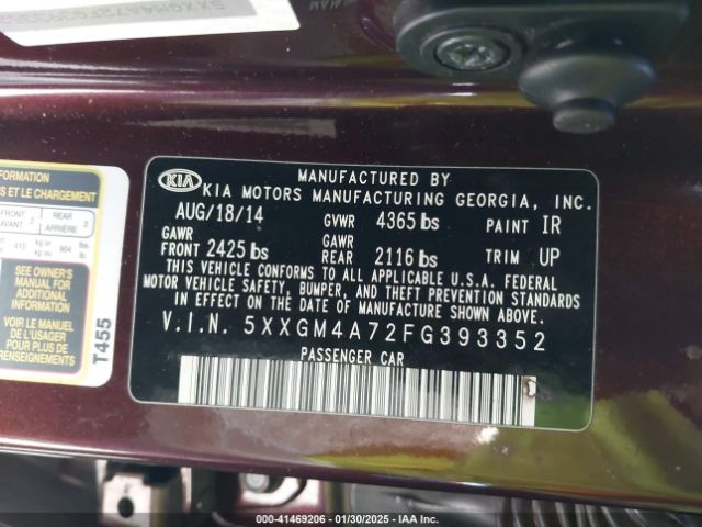 5XXGM4A72FG393352 KIA Optima Lx