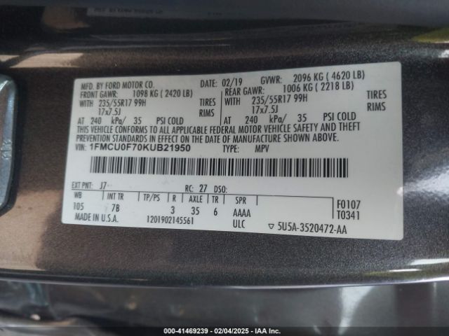1FMCU0F70KUB21950 Ford ESCAPE S