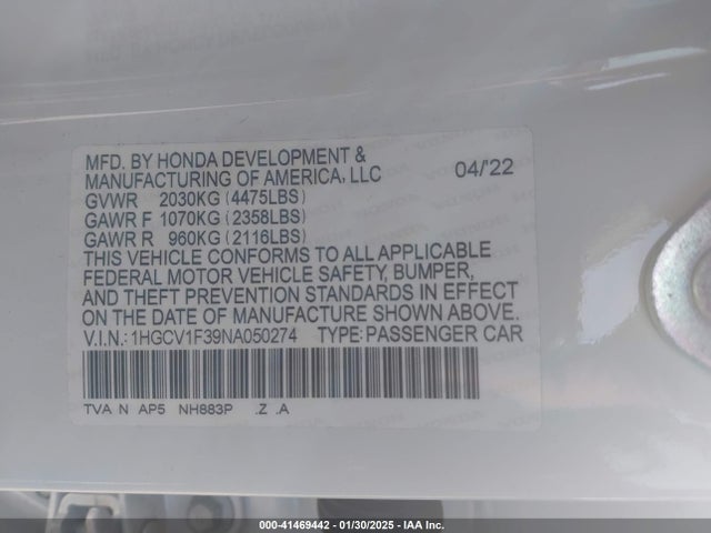 1HGCV1F39NA050274 Honda Accord Sport