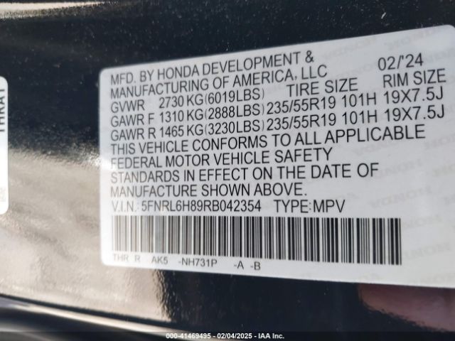 5FNRL6H89RB042354 Honda Odyssey Touring