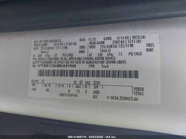 Ford Transit-250 2021 1FTBR1C86MKA91940 Image 9