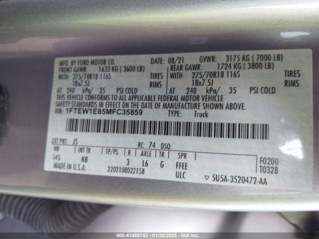 1FTEW1E85MFC35859 Ford F-150 Tremor