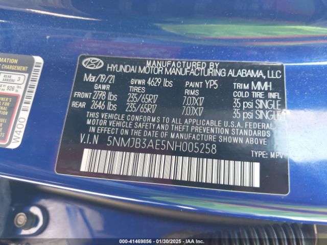 5NMJB3AE5NH005258 Hyundai TUCSON SEL