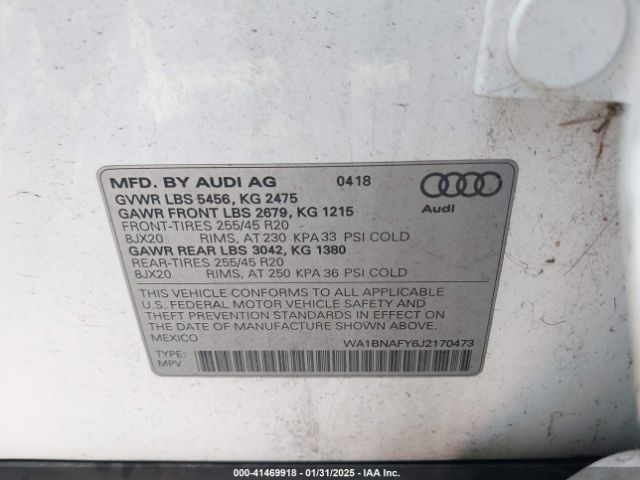 WA1BNAFY6J2170473 Audi Q5 2.0t Premium/2.0t Tech Premium