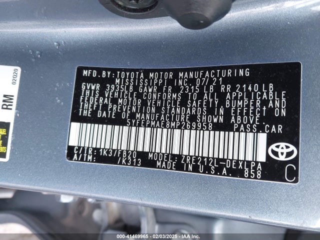5YFEPMAE8MP269958 Toyota COROLLA LE