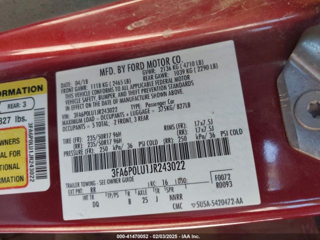 3FA6P0LU1JR243022 Ford Fusion Hybrid Se