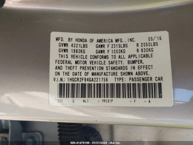 Honda Accord Ex-l 2016 1HGCR2F94GA221756 Image 9