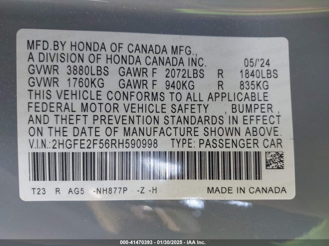 Honda Civic Sport 2024 2HGFE2F56RH590998 Image 9