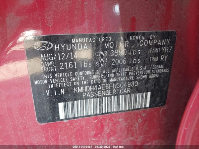 KMHDH4AE6FU304930 Hyundai ELANTRA SE