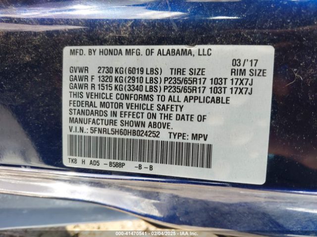5FNRL5H60HB024252 Honda Odyssey Ex-l