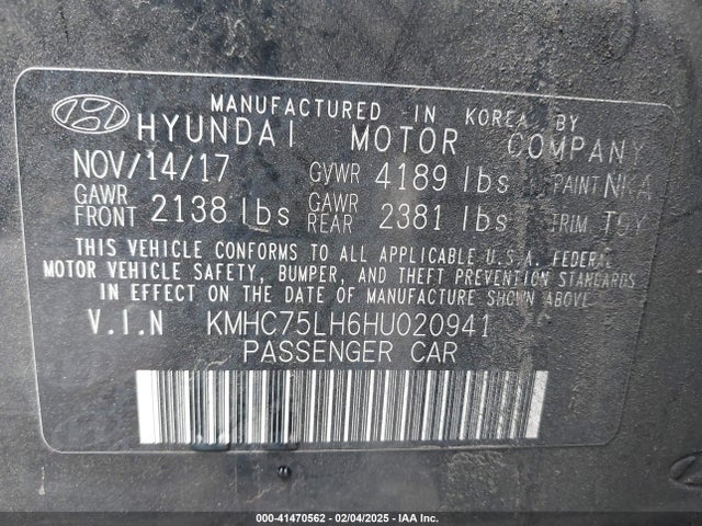 KMHC75LH6HU020941 Hyundai Ioniq Ev Electric
