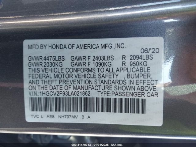 1HGCV2F93LA021862 Honda Accord Touring