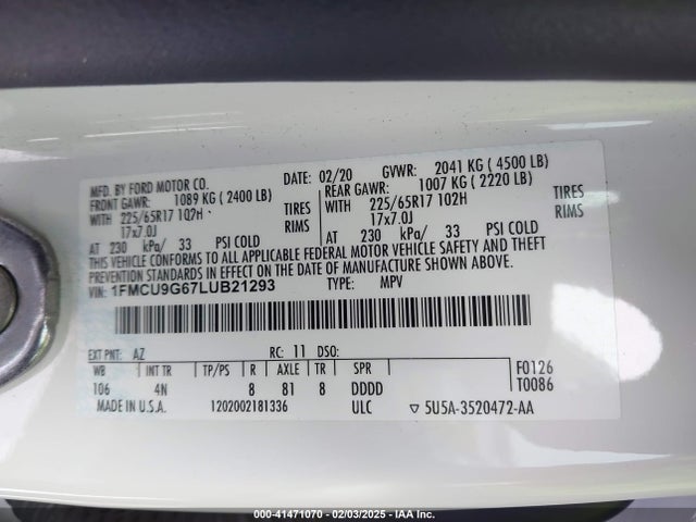 1FMCU9G67LUB21293 Ford ESCAPE SE