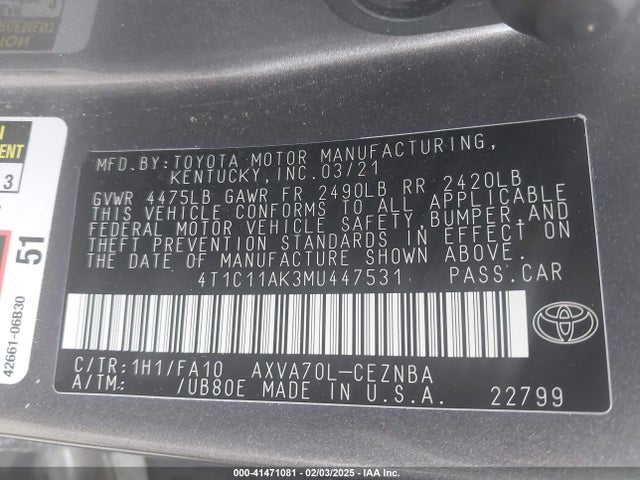 4T1C11AK3MU447531 Toyota CAMRY LE