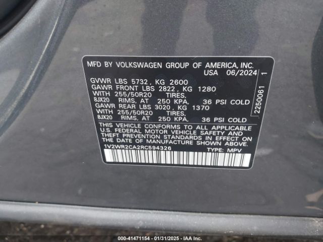 1V2WR2CA2RC594326 Volkswagen Atlas 2.0t Se W/technology