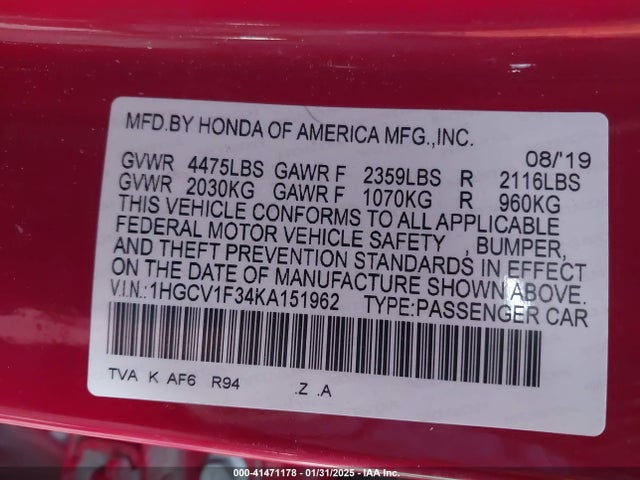 1HGCV1F34KA151962 Honda Accord Sport
