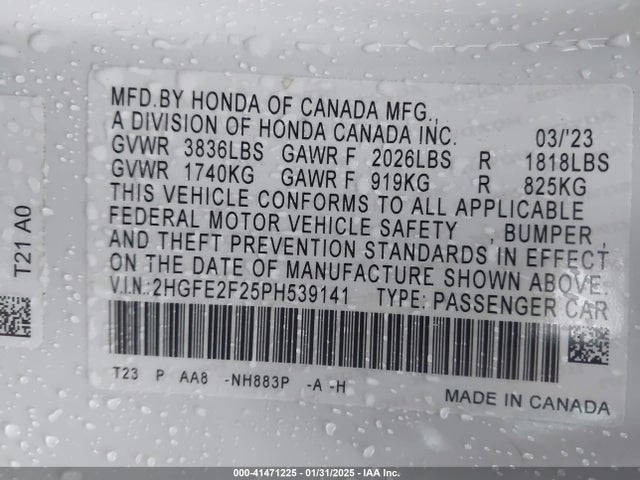 2023 Honda Civic Lx მანქანა იყიდება აუქციონზე, vin: 2HGFE2F25PH539141, აუქციონის ნომერი: 41471225