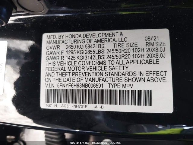 5FNYF6H63NB006591 Honda Pilot Awd Touring 7 Passenger