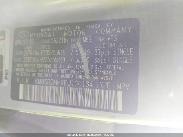 KM8SRDHFXFU130184 Hyundai Santa Fe Limited