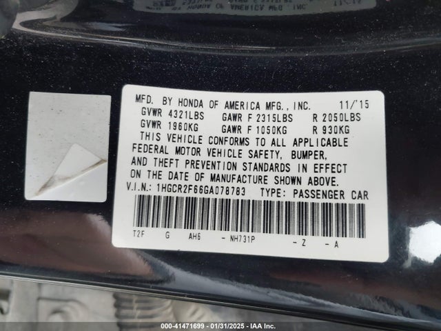 1HGCR2F66GA078783 Honda Accord Sport