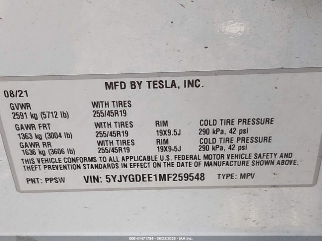 5YJYGDEE1MF259548 Tesla Model Y