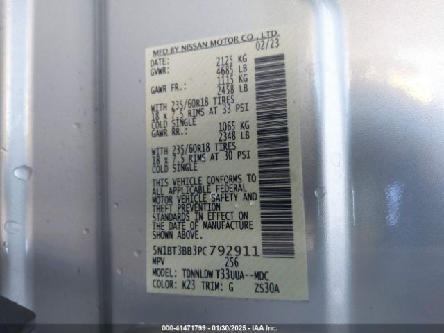 5N1BT3BB3PC792911 Nissan Rogue Sv Intelligent Awd
