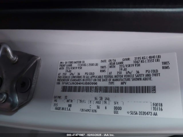 Ford ESCAPE SE 2017 1FMCU9G94HUB80996 Image 9