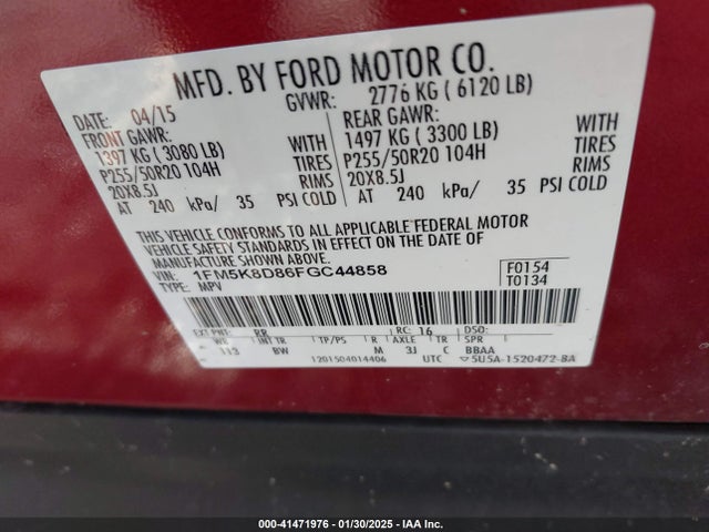 Ford EXPLORER XLT 2015 1FM5K8D86FGC44858 Image 9