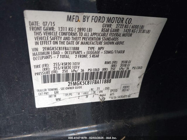 Ford FLEX SEL 2015 2FMGK5C81FBA11888 Image 9