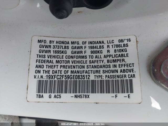 Honda Civic Lx 2016 19XFC2F59GE083512 Image 9