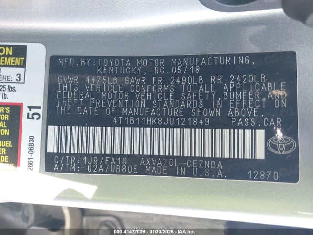 4T1B11HK8JU121849 Toyota CAMRY LE