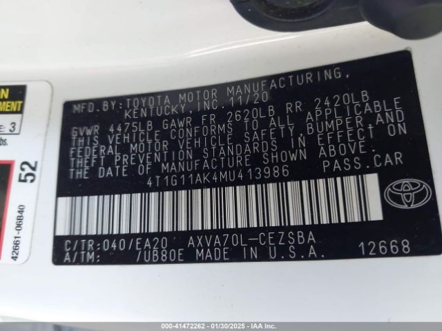 4T1G11AK4MU413986 Toyota CAMRY SE