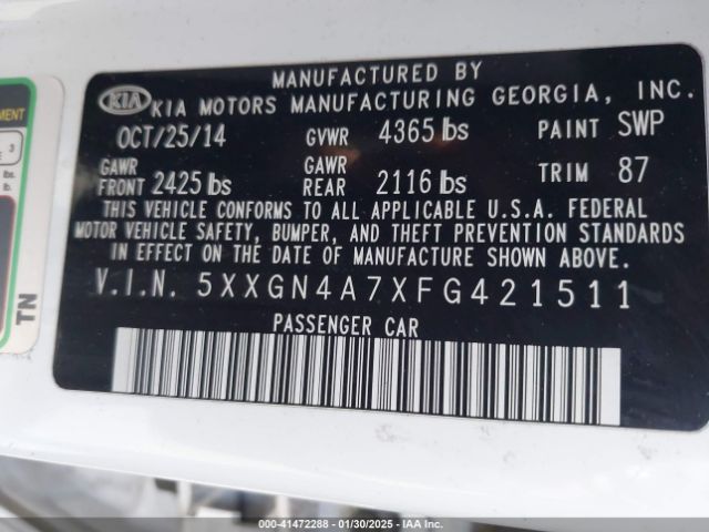 5XXGN4A7XFG421511 KIA OPTIMA EX