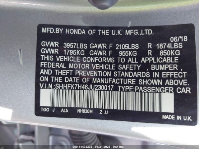 SHHFK7H46JU230017 Honda Civic Sport