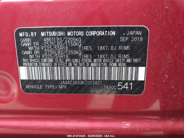 JA4AZ3A33KZ013421 Mitsubishi Outlander Es