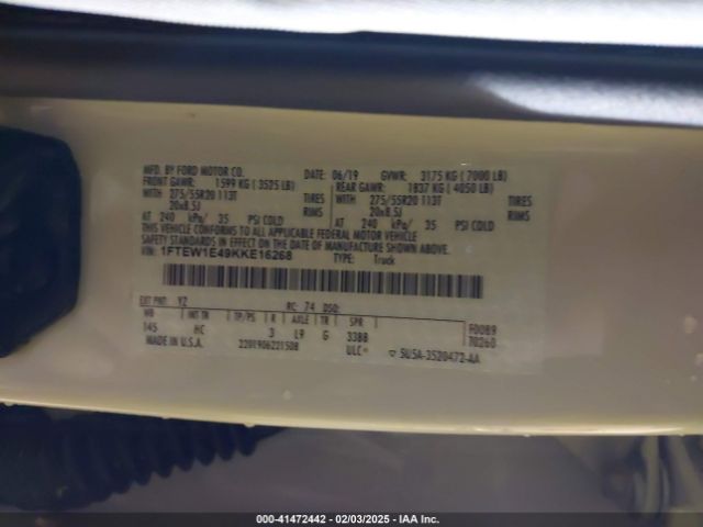 1FTEW1E49KKE16268 Ford F-150 Lariat