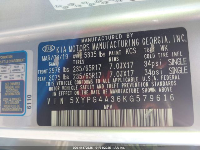 5XYPG4A36KG579616 KIA Sorento 2.4l L