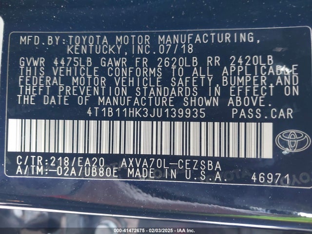 4T1B11HK3JU139935 Toyota CAMRY SE
