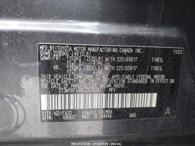 2T3W1RFV2RC257699 Toyota Rav4 Xle