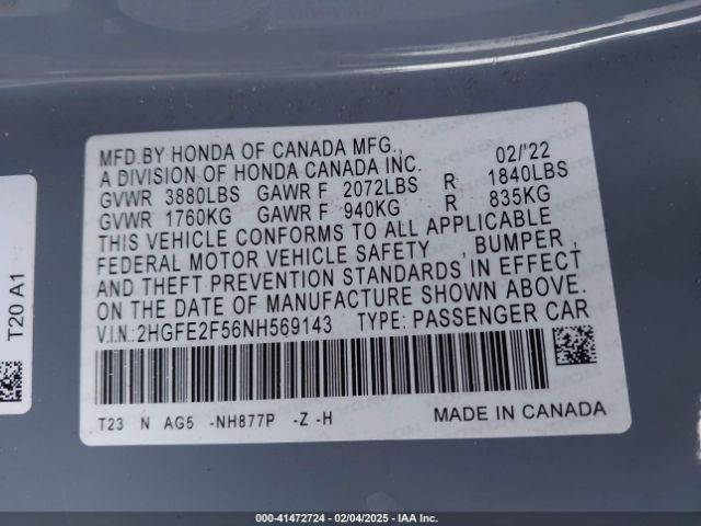 2HGFE2F56NH569143 Honda Civic Sport