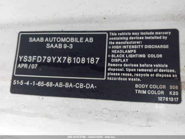 2007 SAAB 9-3 YS3FD79YX76108187 Photo 8