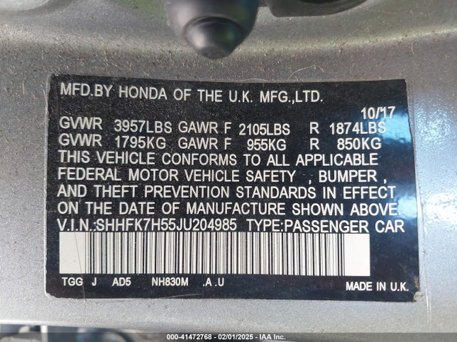 SHHFK7H55JU204985 Honda CIVIC EX