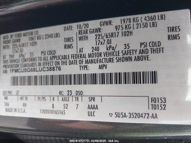 Ford ESCAPE SE 2020 1FMCU0G68LUC38876 Image 9