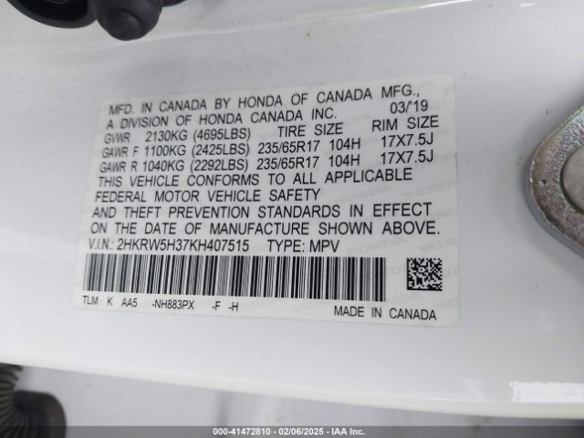 2HKRW5H37KH407515 Honda CR-V LX