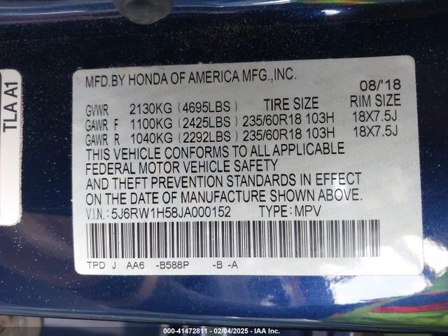 Honda CR-V EX 2018 5J6RW1H58JA000152 Image 9
