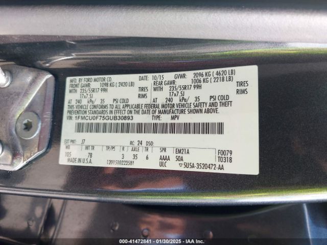 1FMCU0F75GUB30893 Ford ESCAPE S