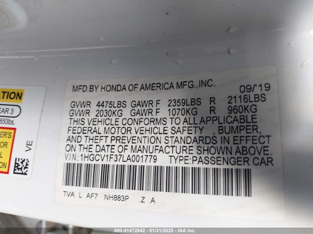 1HGCV1F37LA001779 Honda l15be